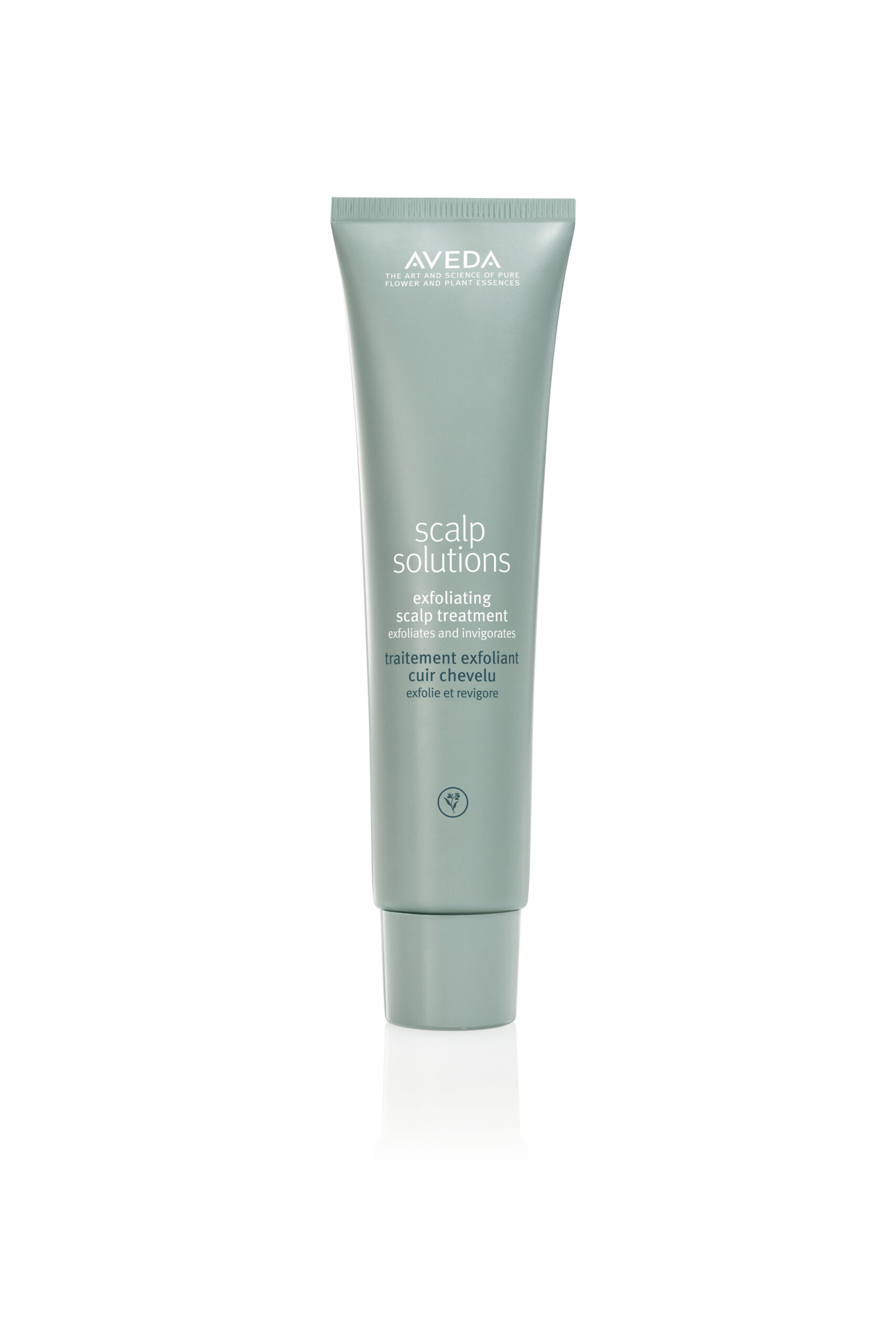 Aveda Scalp Solutions exfoliating scalp treatment in a light green squeeze tube, standing upright on a white background. - True Blue Salon | Nashville, TN
