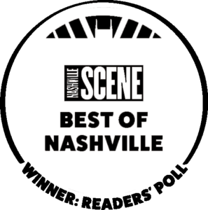 Black and white “Best of Nashville” badge from Nashville Scene with “Winner: Readers’ Poll” text at the bottom, celebrating excellence in Nashville hair salon services including haircuts and styling. - True Blue Salon in Nashville, TN