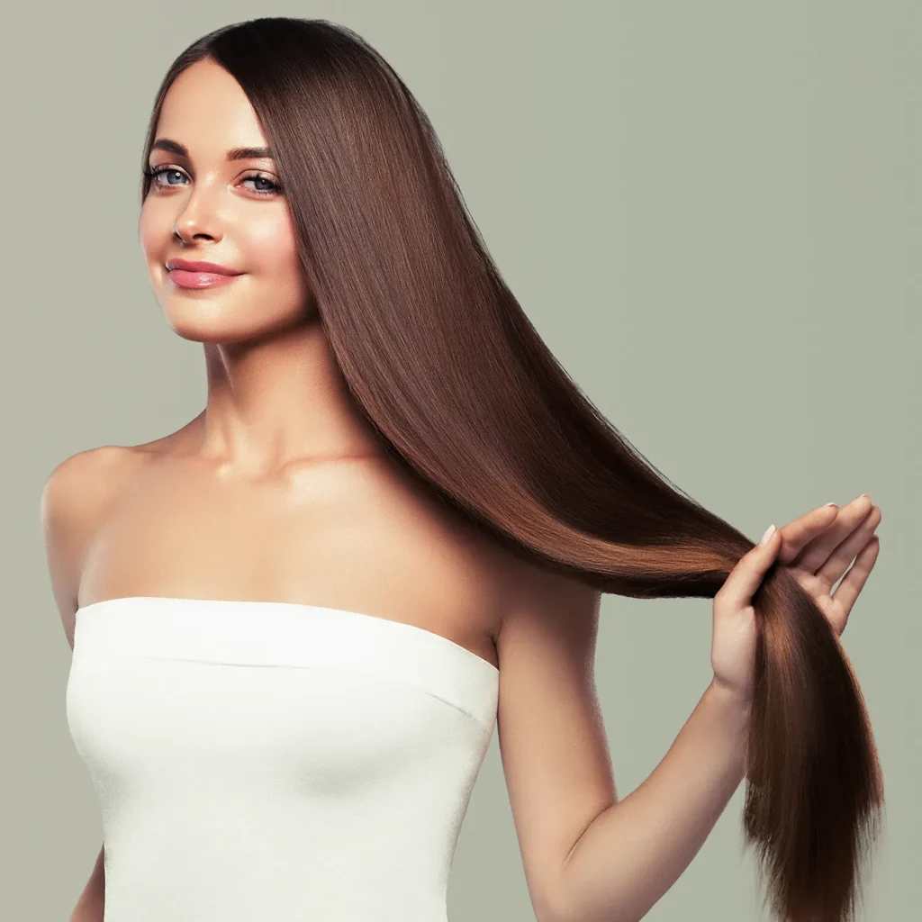 A woman with long, straight brown hair holding a section of her hair out to the side. - True Blue Salon in Nashville, TN
